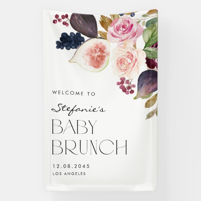 Aquarellbilder und Berry Floral Baby Brunch Banner (Vertikal)