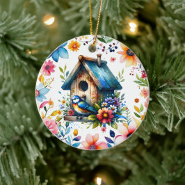 Aquarellbilder von Birdhouse und Bird Keramik Ornament