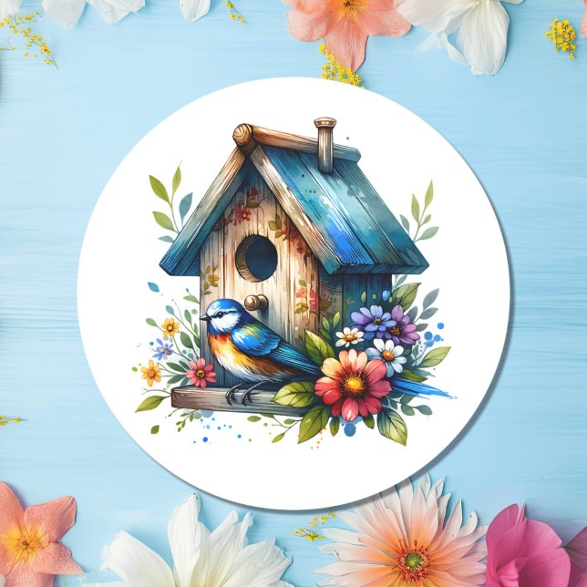 Aquarellbilder von Birdhouse und Bird Runder Aufkleber (Von Creator hochgeladen)