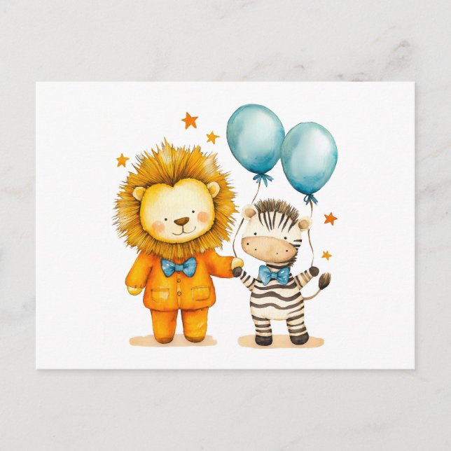 Aquarellbilder von Löwen und Zebra mit Bal Postkarte (Vorderseite)