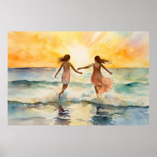 Aquarellbilder von Mädchen, die am Strand spaziere Poster