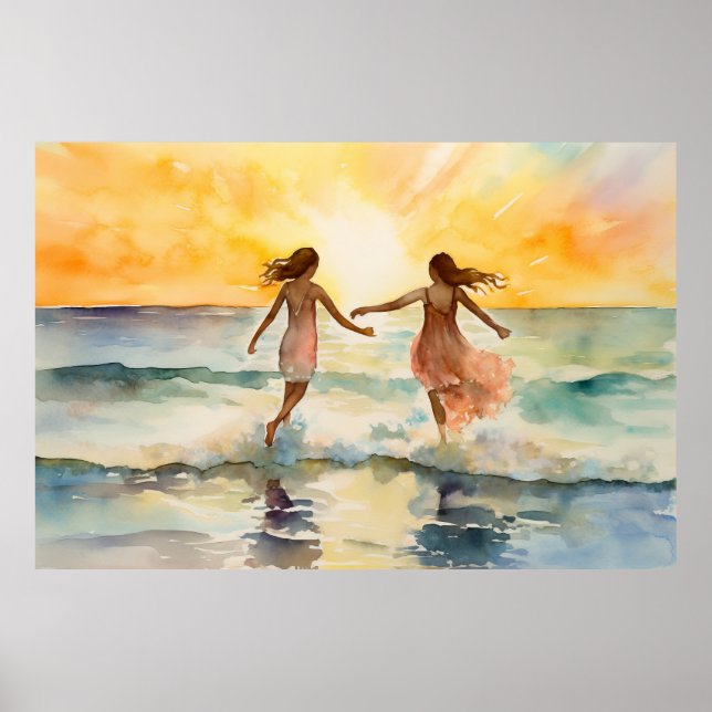 Aquarellbilder von Mädchen, die am Strand spaziere Poster (Vorne)