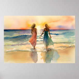 Aquarellbilder von Mädchen, die am Strand spaziere Poster