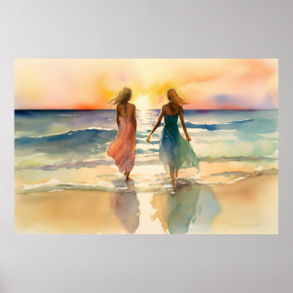 Aquarellbilder von Mädchen, die am Strand spaziere Poster
