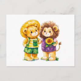 Aquarellbilder von Teddy Bear and Lion with the Postkarte