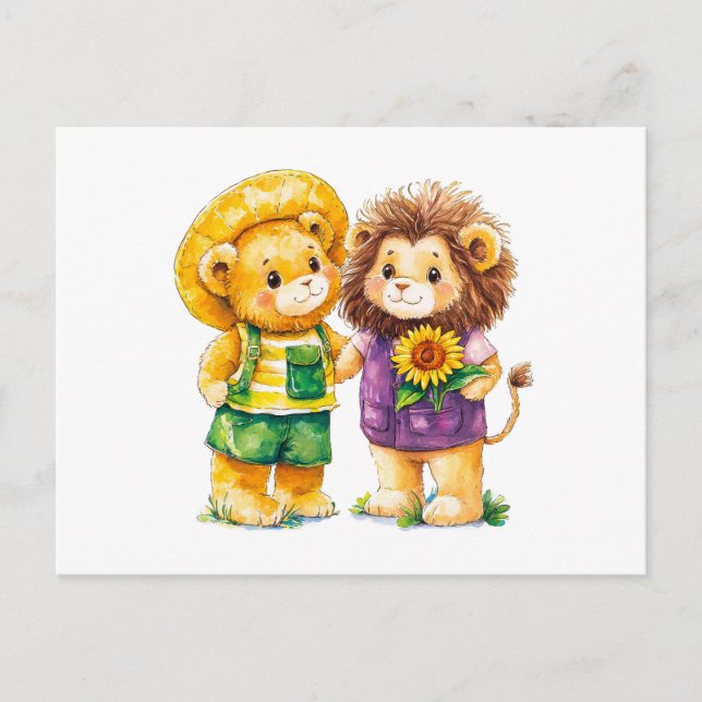 Aquarellbilder von Teddy Bear and Lion with the Postkarte (Vorderseite)