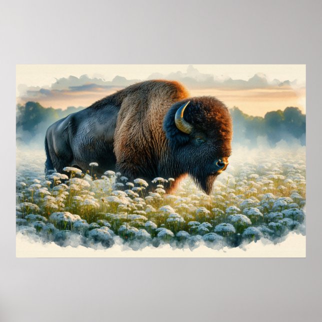 Aquarellbison Weiße Wildblumen Poster (Vorne)