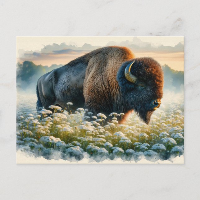 Aquarellbison Weiße Wildblumen Postkarte (Vorderseite)