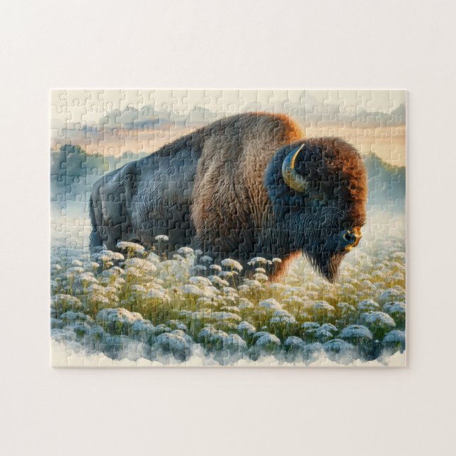 Aquarellbison Weiße Wildblumen Puzzle (Horizontal)