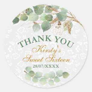Aquarellblätter Goldfolie Glitter Sweet Sixteen Runder Aufkleber