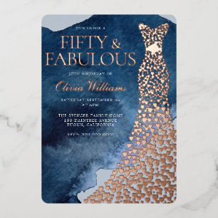 Aquarellblau 50. Geburtstag Rose Gold Dress Folieneinladung