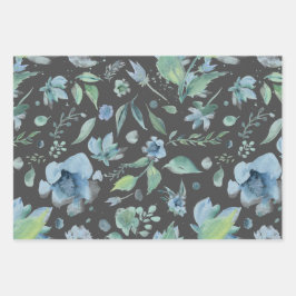 Aquarellblau auf grauem Blumenstrauß Geschenkpapier Set