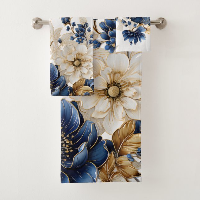 Aquarellblau Blau Weißer Golden Floral Silber Badhandtuch Set (Insitu)