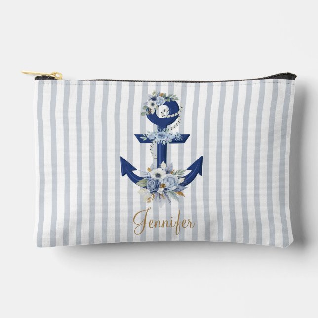 Aquarellblau blaue naustripes goldener Name Zubehörtasche (Vorderseite)