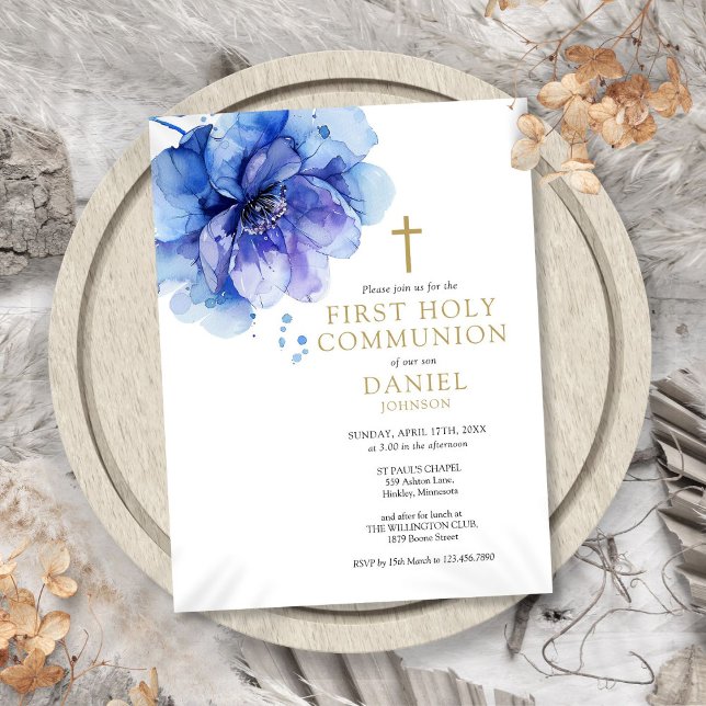 Aquarellblau Blauer Erste Kommune Einladung Postkarte (Watercolor Floral Blue First Holy Communion Invite)