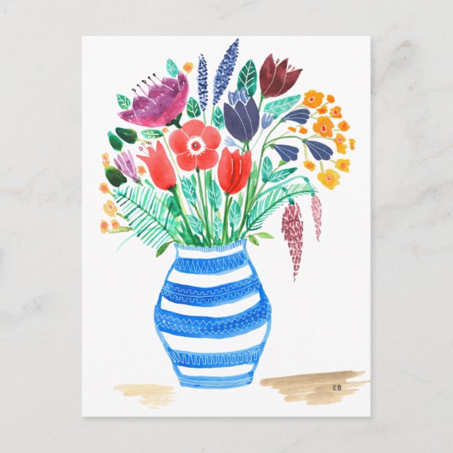 Aquarellblau Blauer Vase, helle Blume Postkarte (Vorderseite)