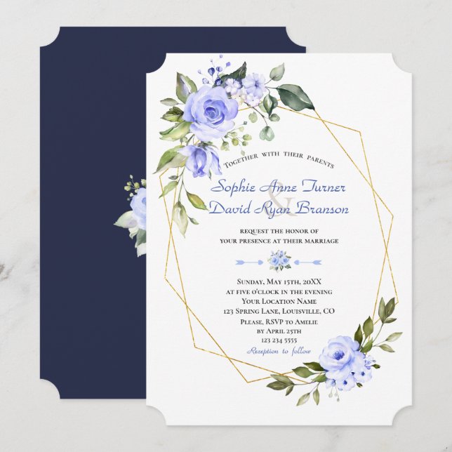 Aquarellblau Blumen Goldrahmen Hochzeit Einladung (Vorne/Hinten)