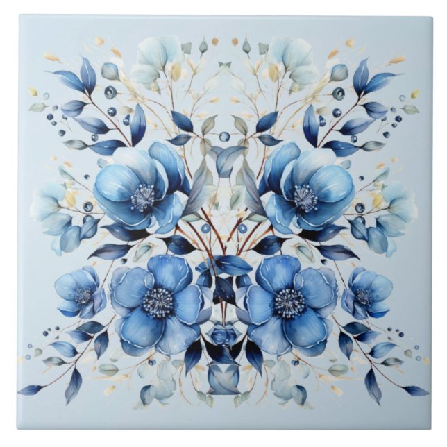 Aquarellblau Blumen Keramik Tile Fliese (Vorderseite)