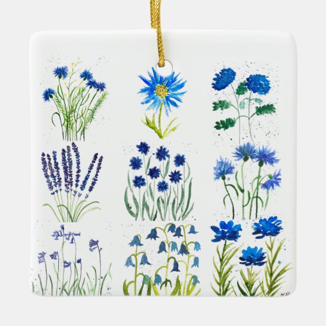 Aquarellblau Blumen Sammlung Chic rustikal Keramikornament (Vorderseite)