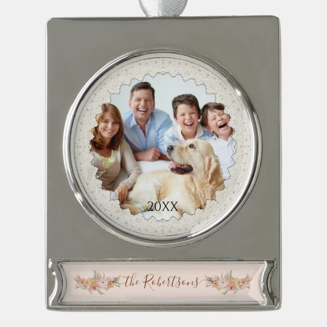 Aquarellblau Blush Bloral Elegantes Weihnachtsfest Banner-Ornament Silber (Vorderseite)