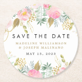 Aquarellblau Blütenblau und Gold Save the Date Runder Pappuntersetzer