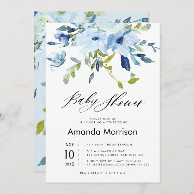 Aquarellblau Blütendusche Einladung (Vorne/Hinten)