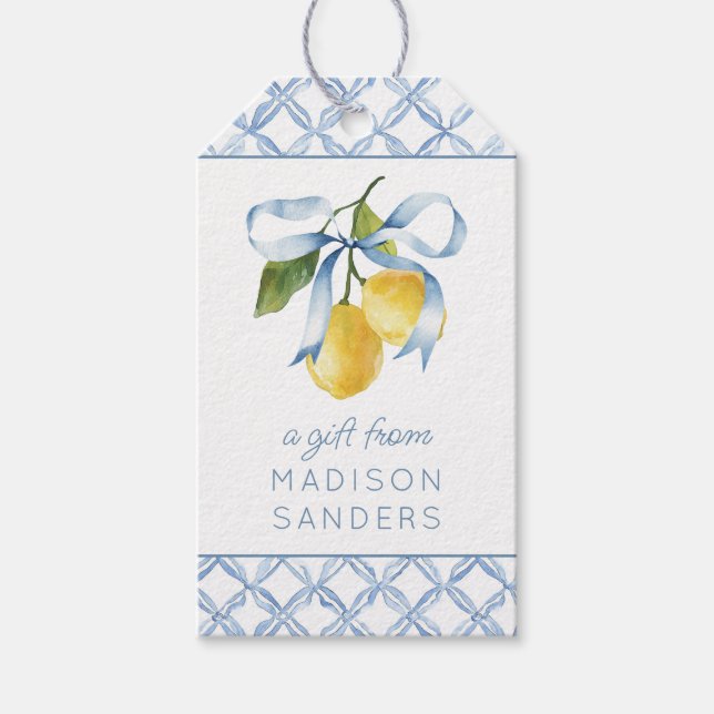Aquarellblau Bow Lemons Geschenkverpackung Geschenkanhänger (Vorderseite)