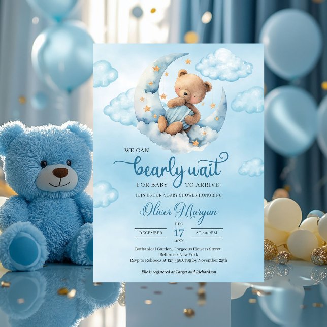 Aquarellblau-brauner Teddybär über dem Mond Einladung (boy baby shower invitation with teddy bear we can bearly wait )