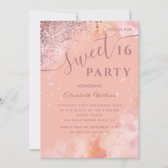 Aquarellblau Diamant Luxus Rose Gold süß 16 Einladung (Vorderseite)