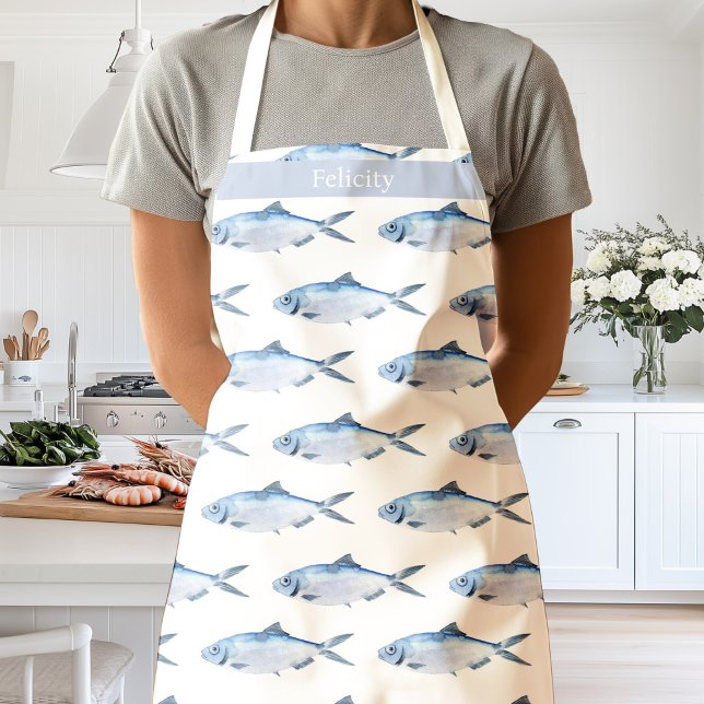 Aquarellblau Fischküste Schürze (Watercolor blue fish apron personalized custom name)