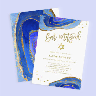 Aquarellblau-Geode mit Gold   Bar Mitzvah Einladung