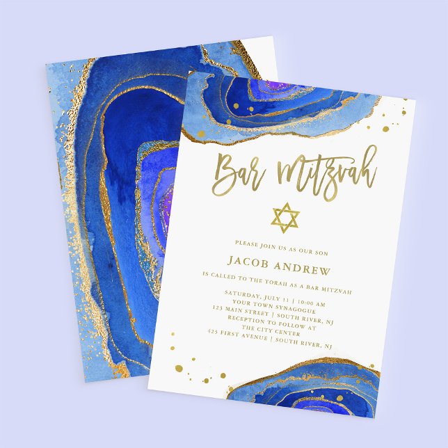 Aquarellblau-Geode mit Gold | Bar Mitzvah Einladung (Von Creator hochgeladen)