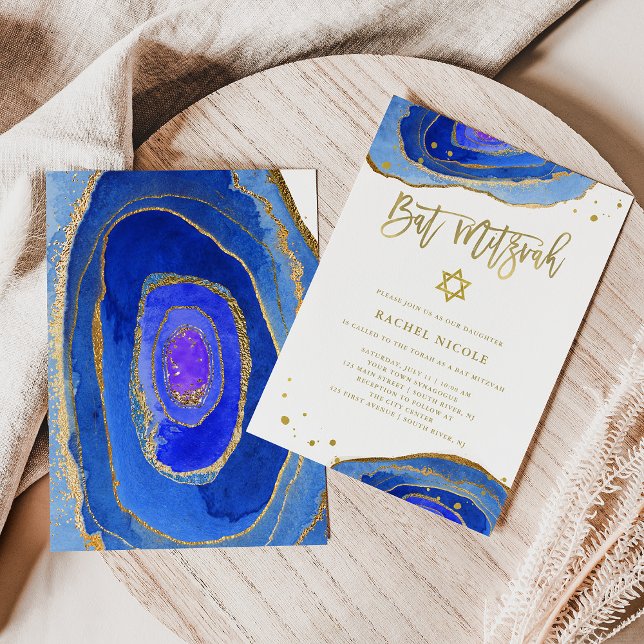Aquarellblau-Geode mit Gold | Bat Mitzvah Einladung (Von Creator hochgeladen)