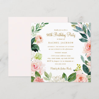 Aquarellblau Gold Floral 90. Geburtstag Einladung