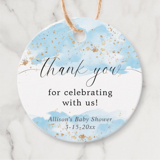 Aquarellblau goldfarbene weiße Babydusche Danke Geschenkanhänger (Vorderseite)