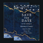 Aquarellblau Goldmarmor Agate Geode Lights Save The Date<br><div class="desc">Moderne elegante Watercolor Blue and Gold Marble Agate Geode Save the Date Card mit String Lights</div>