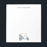 Aquarellblau Golfwagen Personalisiert Notizblock<br><div class="desc">Handgemalte Aquarellgolfwagen und Golftasche Personalisierte Notizkassette machen das ideale Geschenk für Golfliebhaber.</div>