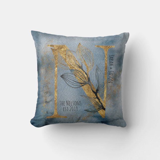 Aquarellblau Grau Gold N Monogram Throw Pillow Kissen (Vorderseite)