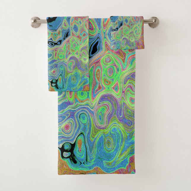 Aquarellblau Groovy Abstrakt Retro Liquid Swirl Badhandtuch Set (Insitu)