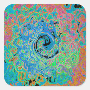 Aquarellblau Groovy Abstrakt Retro Liquid Swirl Quadratischer Aufkleber