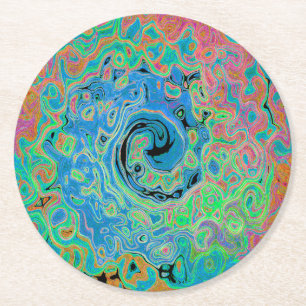 Aquarellblau Groovy Abstrakt Retro Liquid Swirl Runder Pappuntersetzer