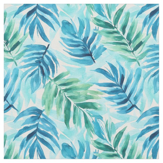 Aquarellblau & grüne Palmfronten Stoff (Nahaufnahme)