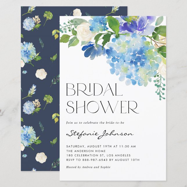 Aquarellblau Hydrangea Bridal Dusche Einladung (Vorne/Hinten)