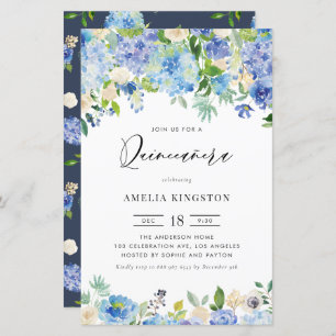 Aquarellblau Hydrangea Quinceañera Einladung