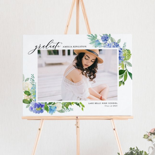 Aquarellblau Hydrangea Rahmen Foto Abschluss Poster (Watercolor Blue Hydrangea Frame Photo Graduation Poster)