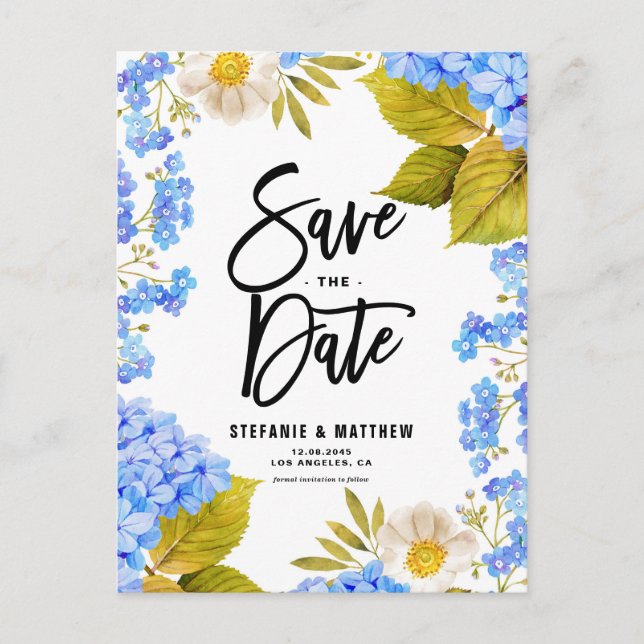 Aquarellblau Hydrangea Save the Date Ankündigungspostkarte (Vorderseite)