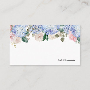 Aquarellblau Hydrangea und Rosenblüten Platzkarte