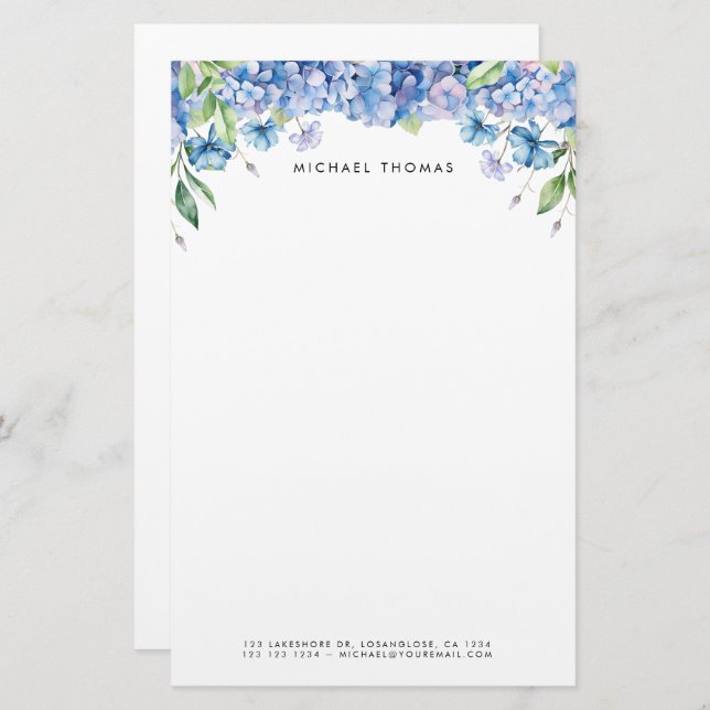Aquarellblau Hydrangeas und Lila Blüten Briefpapier (Vorne/Hinten)