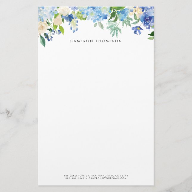 Aquarellblau Hydrangeas und Weiße Rosen Briefpapier (Vorderseite)