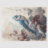 Aquarellblau Jay mit Wild-Berries-Dekoupage